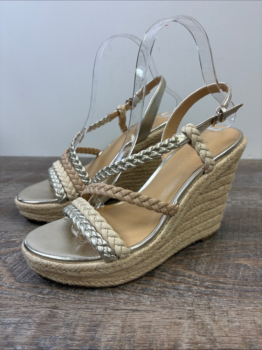 Nine West Relee-3 Braided Espadrille Wedge Sandals Metallic Neutral Women’s 7M